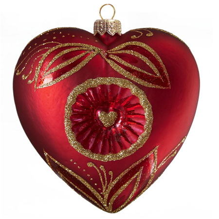 Vianočné srdce červené s vpichom, zlaté listy