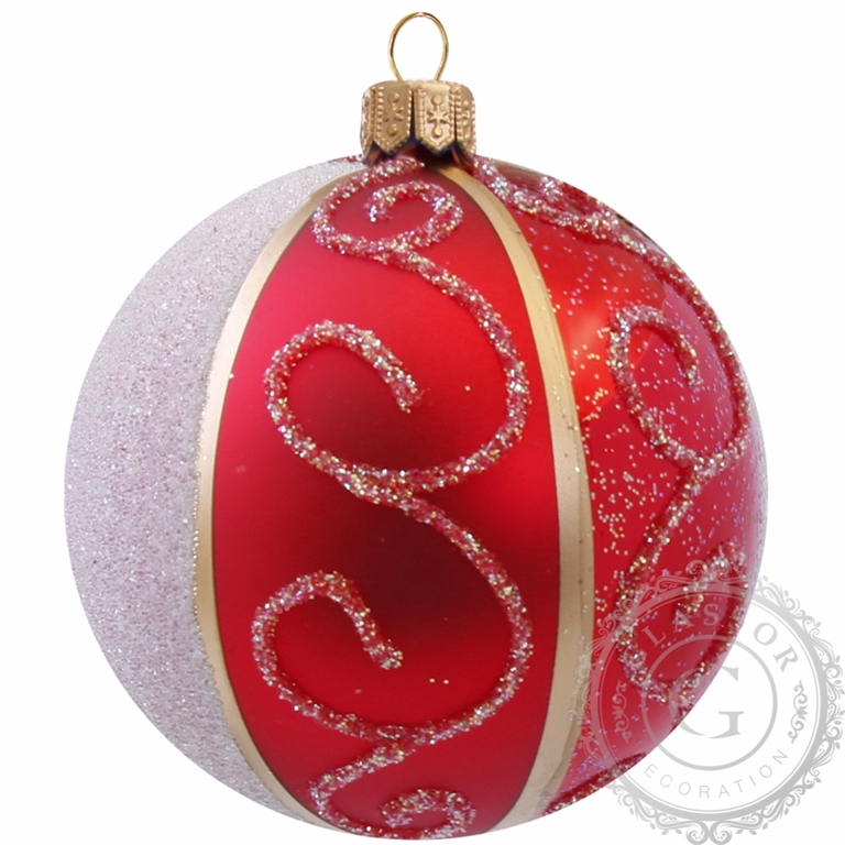 Skleněná vánoční koule červená bílý posyp