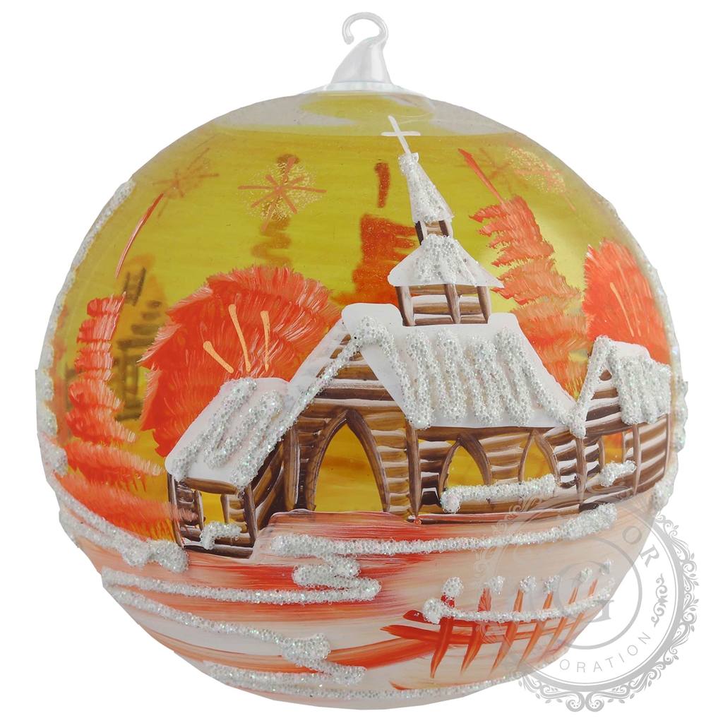 Sklenená guľa s maľovanou dedinkou oranžová
