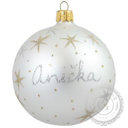 Sklenená vianočná guľa s menom biela