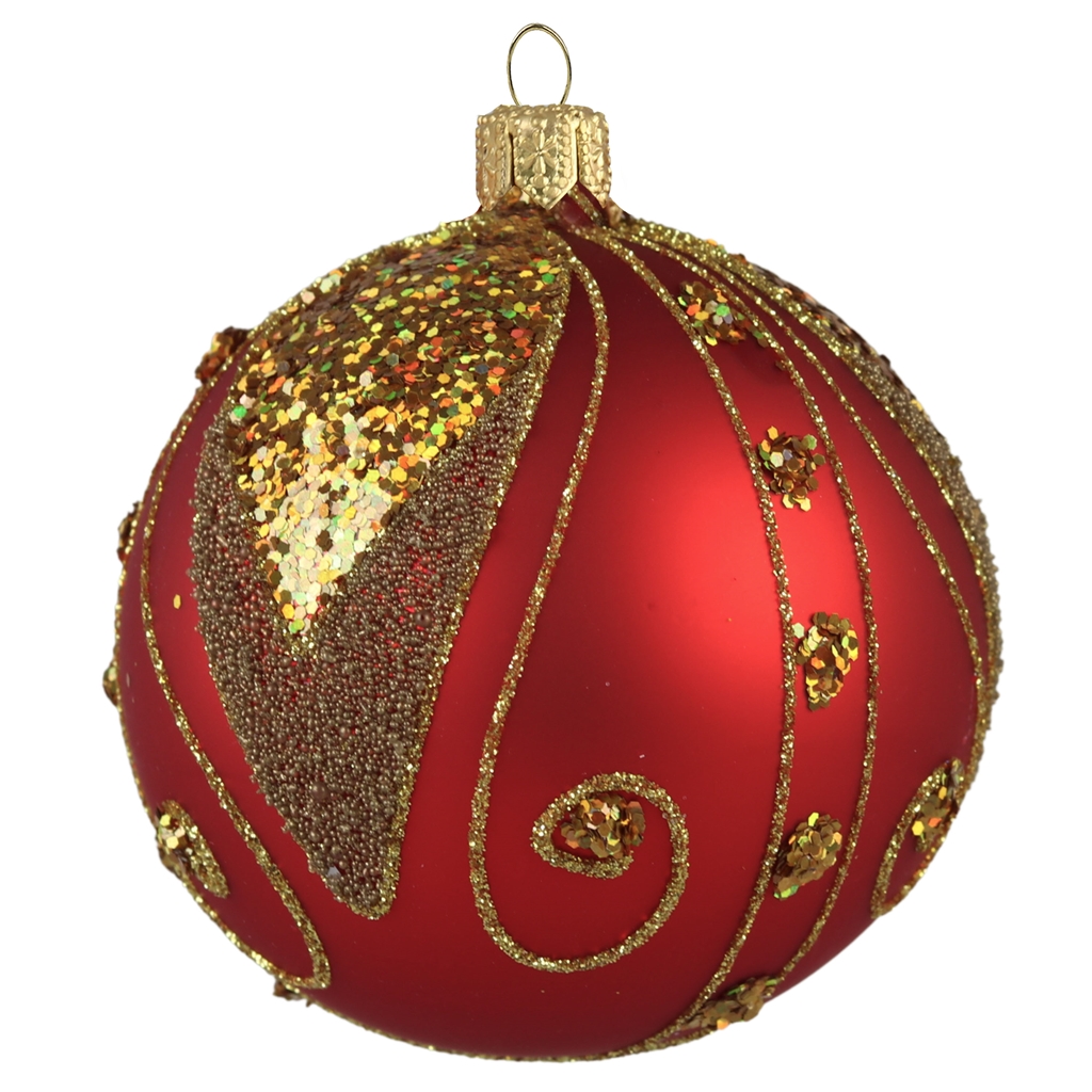 Červená vianočná guľa so zlatým dekorom