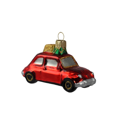 Vianočná ozdoba – autíčko červené s dvomi darčekmi