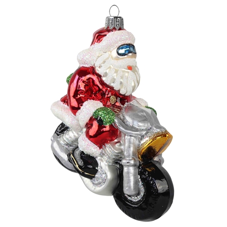 Sklenená figúrka Santa na motorke