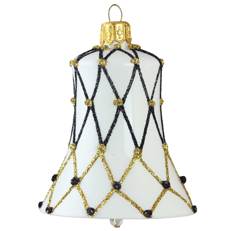 Vianočný zvonček biely s čierno-zlatou sieťkou