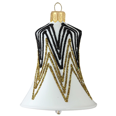 Vianočný zvonček biely, čierno-zlatý dekor