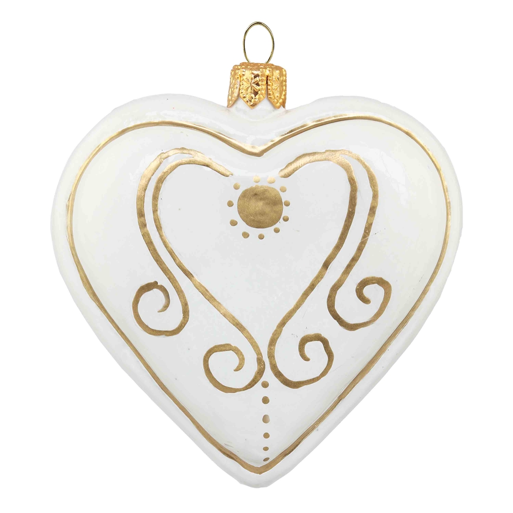 Sklenený perníček – biele srdiečko so zlatým dekorom