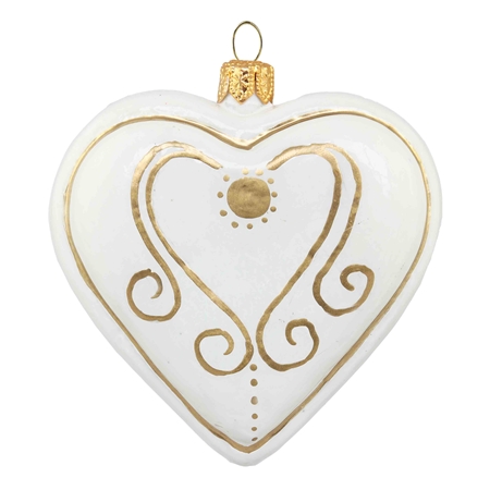 Sklenený perníček – biele srdiečko so zlatým dekorom