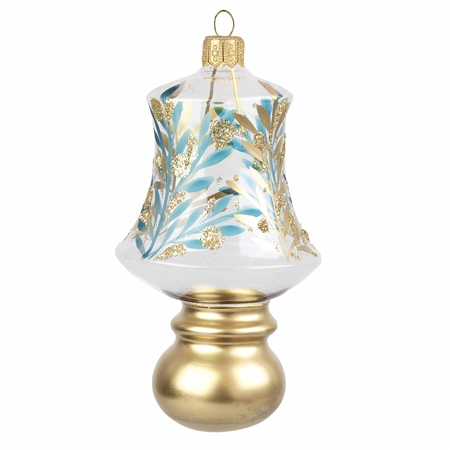 Vianočná ozdoba – voľný tvar zvonček s guľôčkou, dekor modrej a bronzovej vetvičky