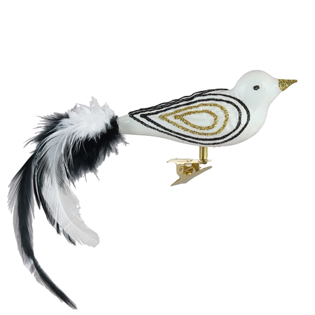 Sklenený vtáčik biely zlato-čierny dekor