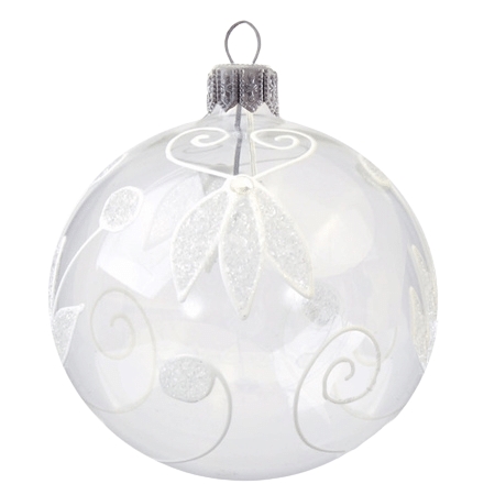 Vianočná guľa transparentná s bielym zdobením