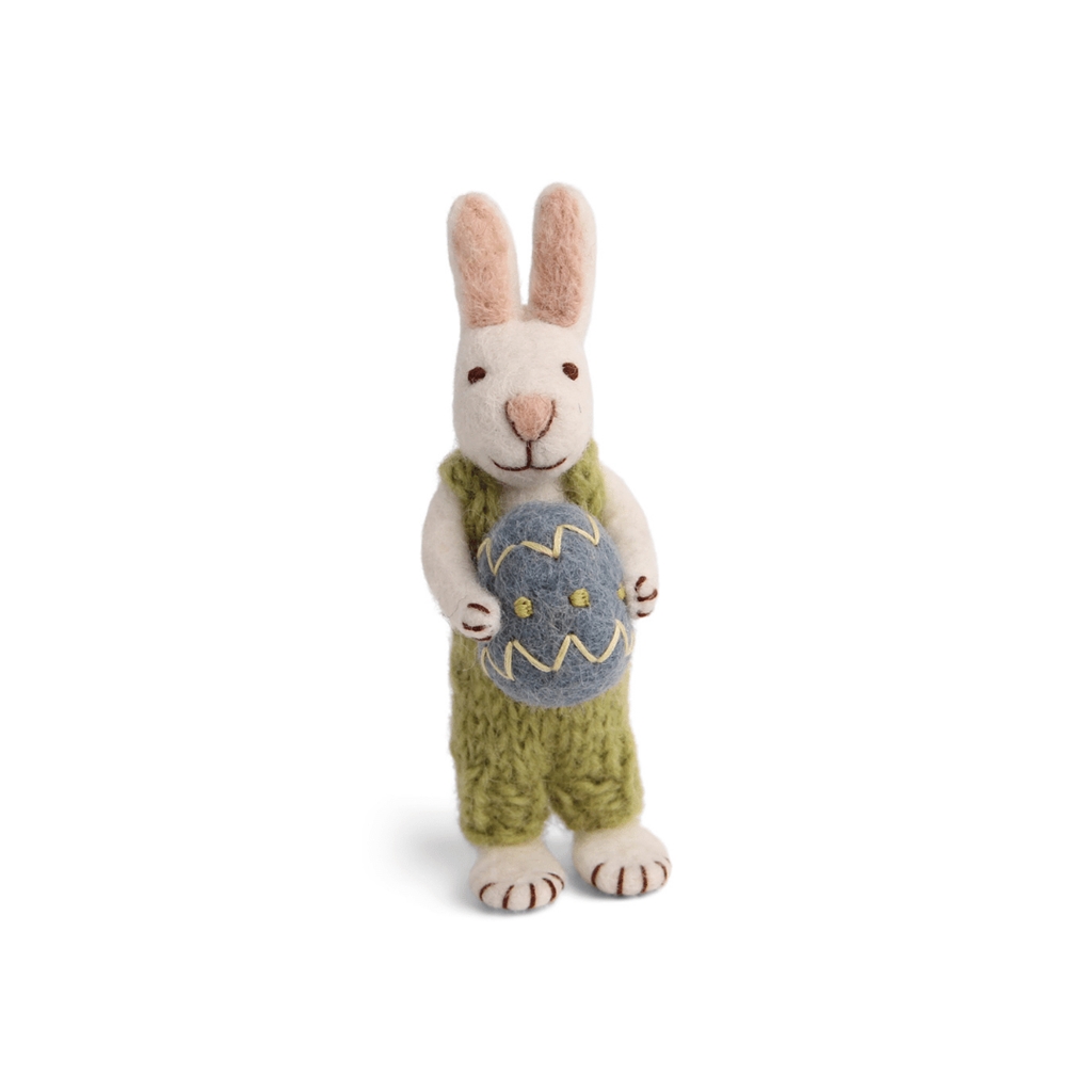 Plstený zajačik v nohaviciach s veľkonočnou kraslicou